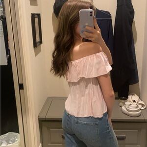 Hollister pink ruffle off the shoulder shirt